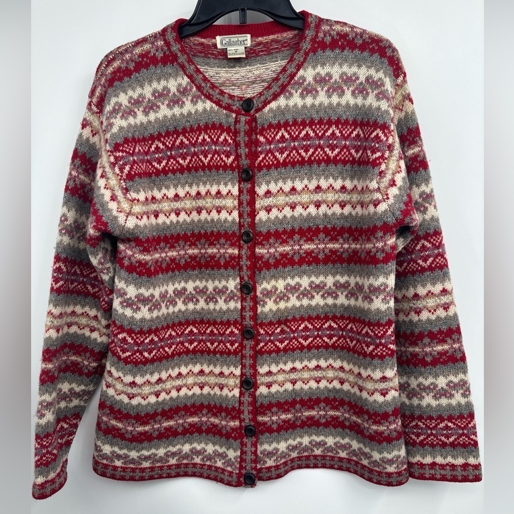 90s Vintage GALLAGHER Wool Cardigan Sweater Hearts, Wood Buttons Medium M